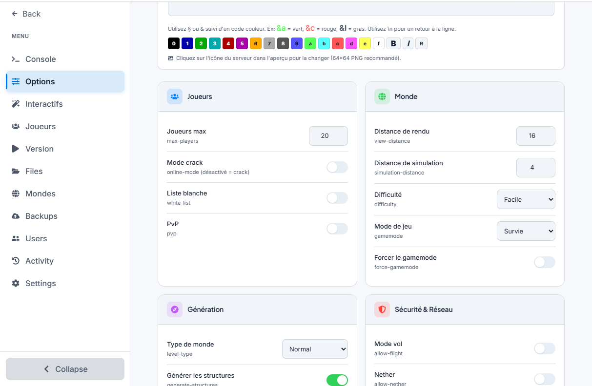 Options Minecraft du dashboard ACLClouds