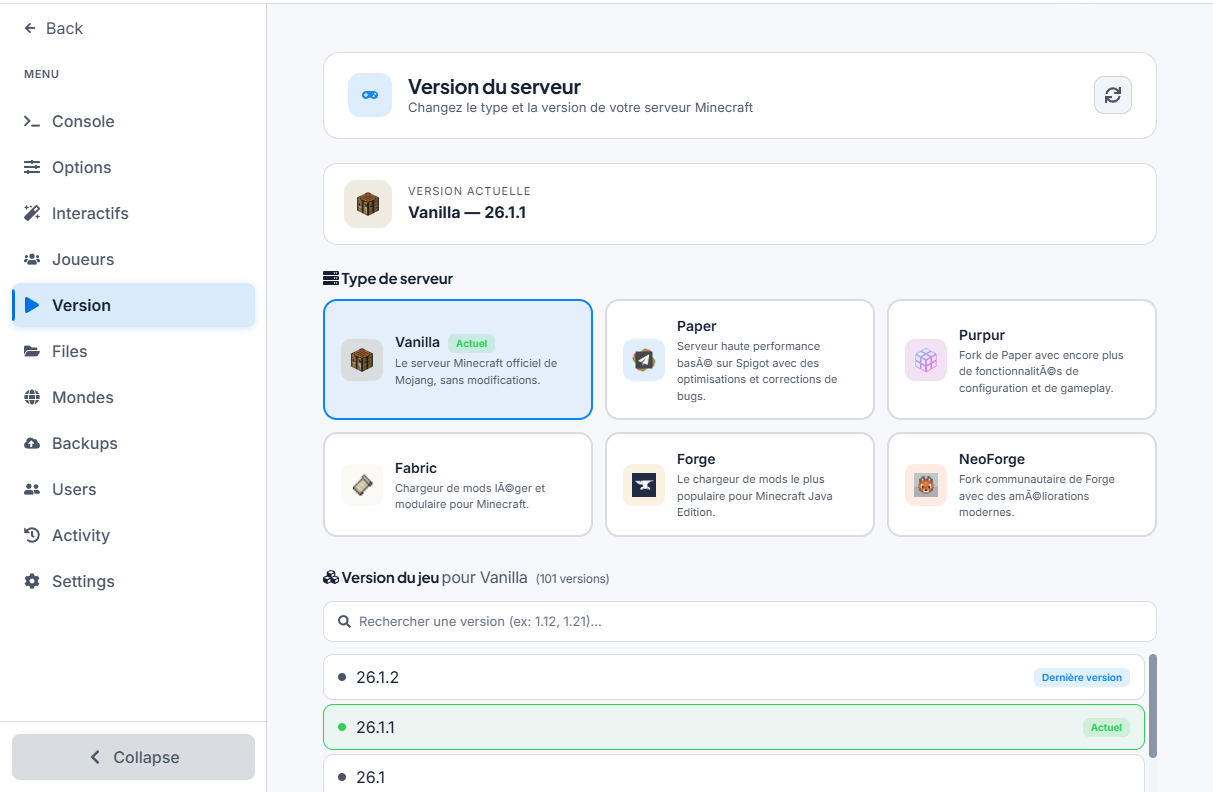 Onglet Version du dashboard ACLClouds