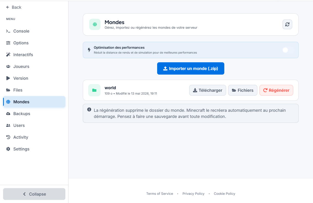 Gestion des mondes Minecraft dans ACLClouds