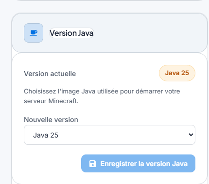 Réglage de la version Java dans les paramètres